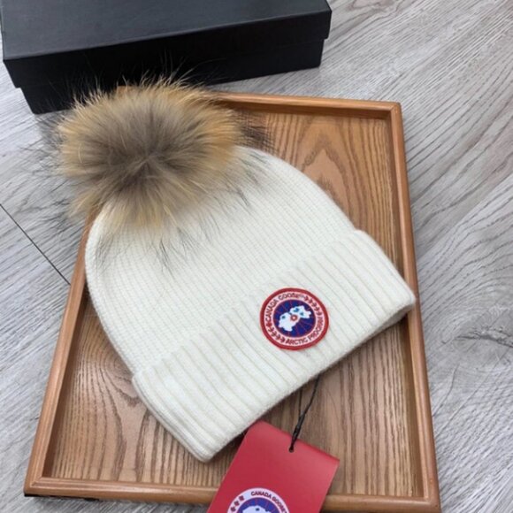 New Canada Goose White Beanie with Tan Pom - Picture 3 of 4